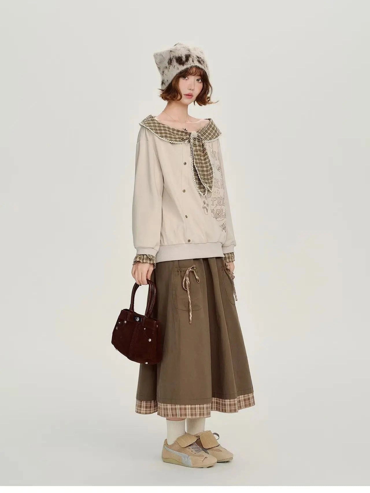 Check Pattern Layered Midi Skirt   f0404