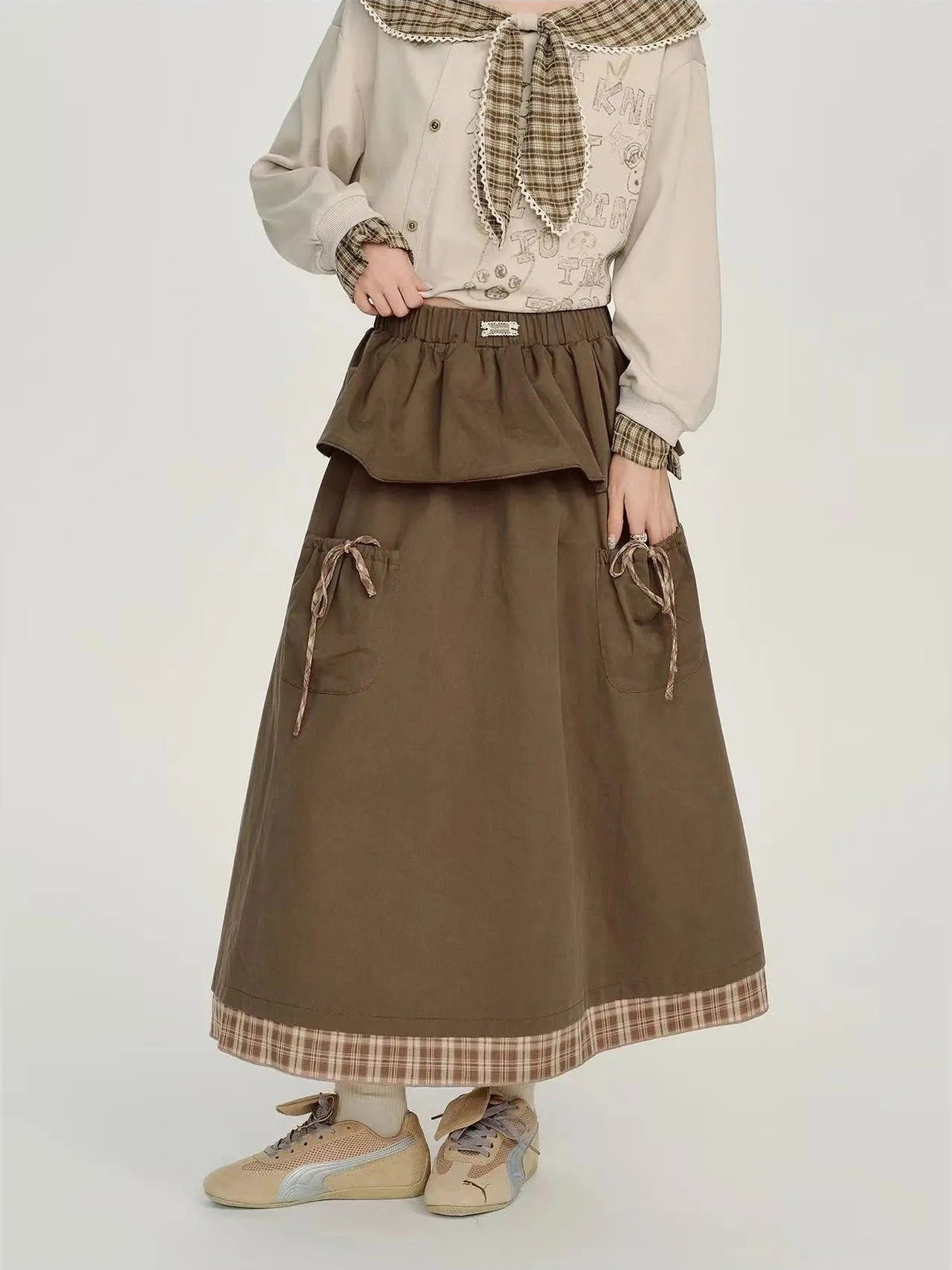 Check Pattern Layered Midi Skirt   f0404
