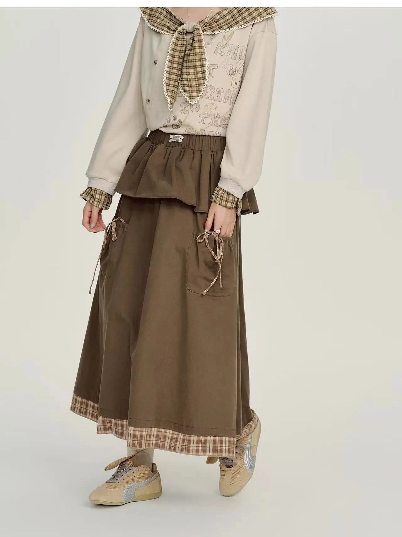 Check Pattern Layered Midi Skirt   f0404