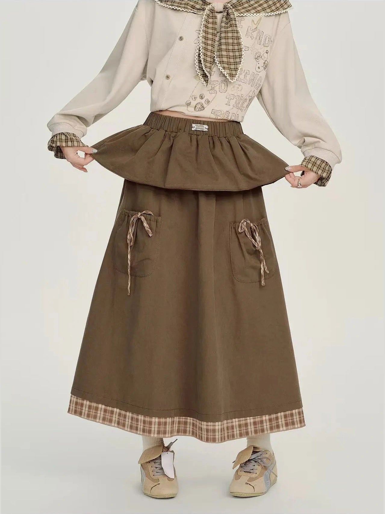 Check Pattern Layered Midi Skirt   f0404