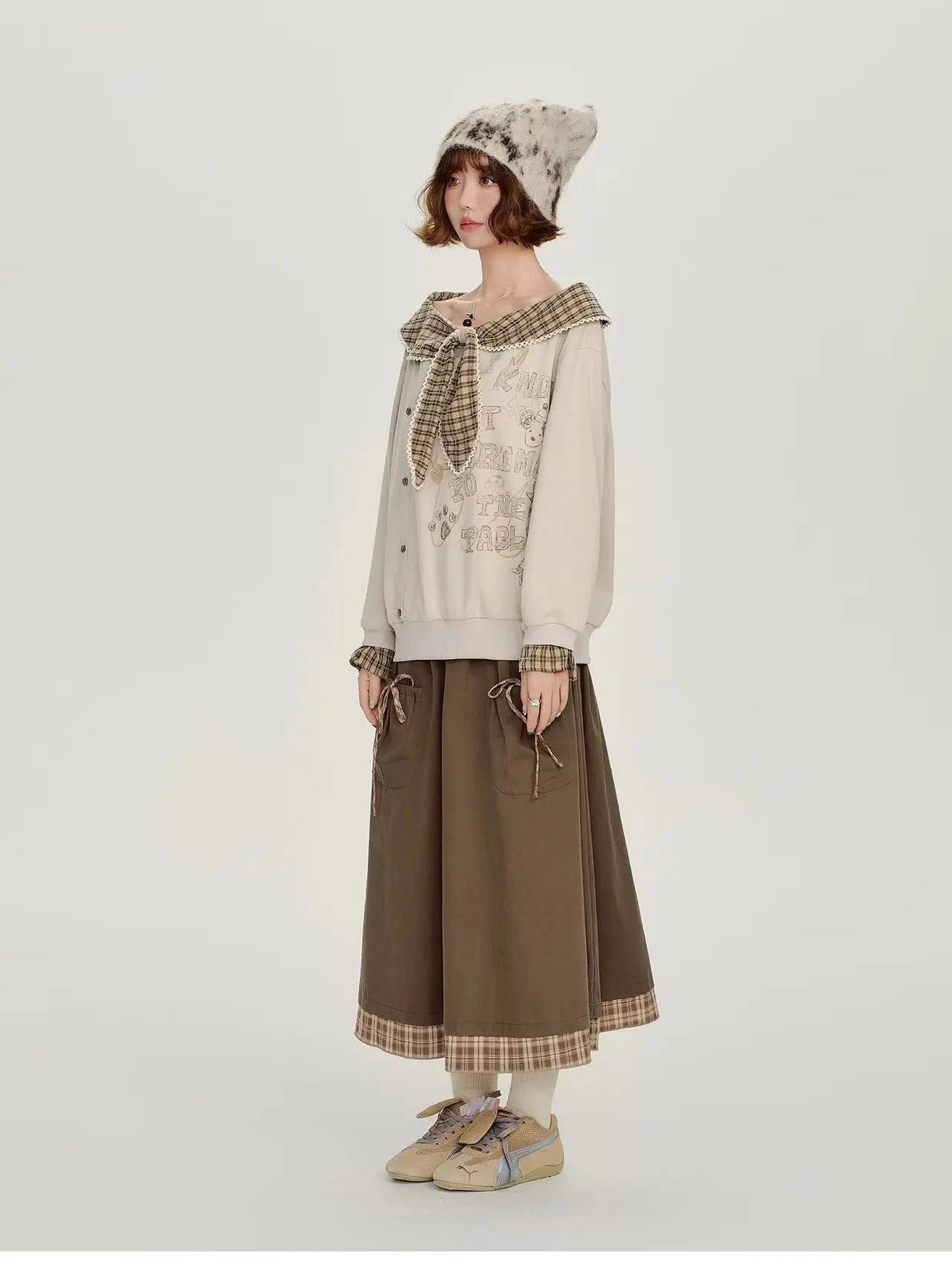 Check Pattern Layered Midi Skirt   f0404