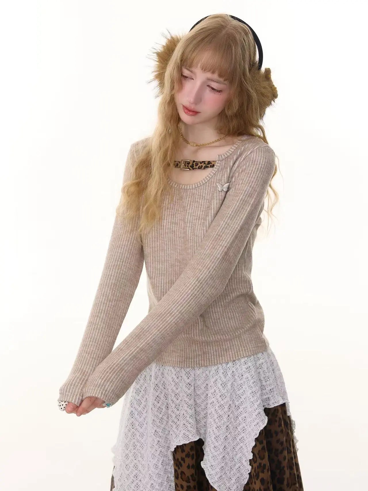 Leopard Accent Ribbed Top  f0337