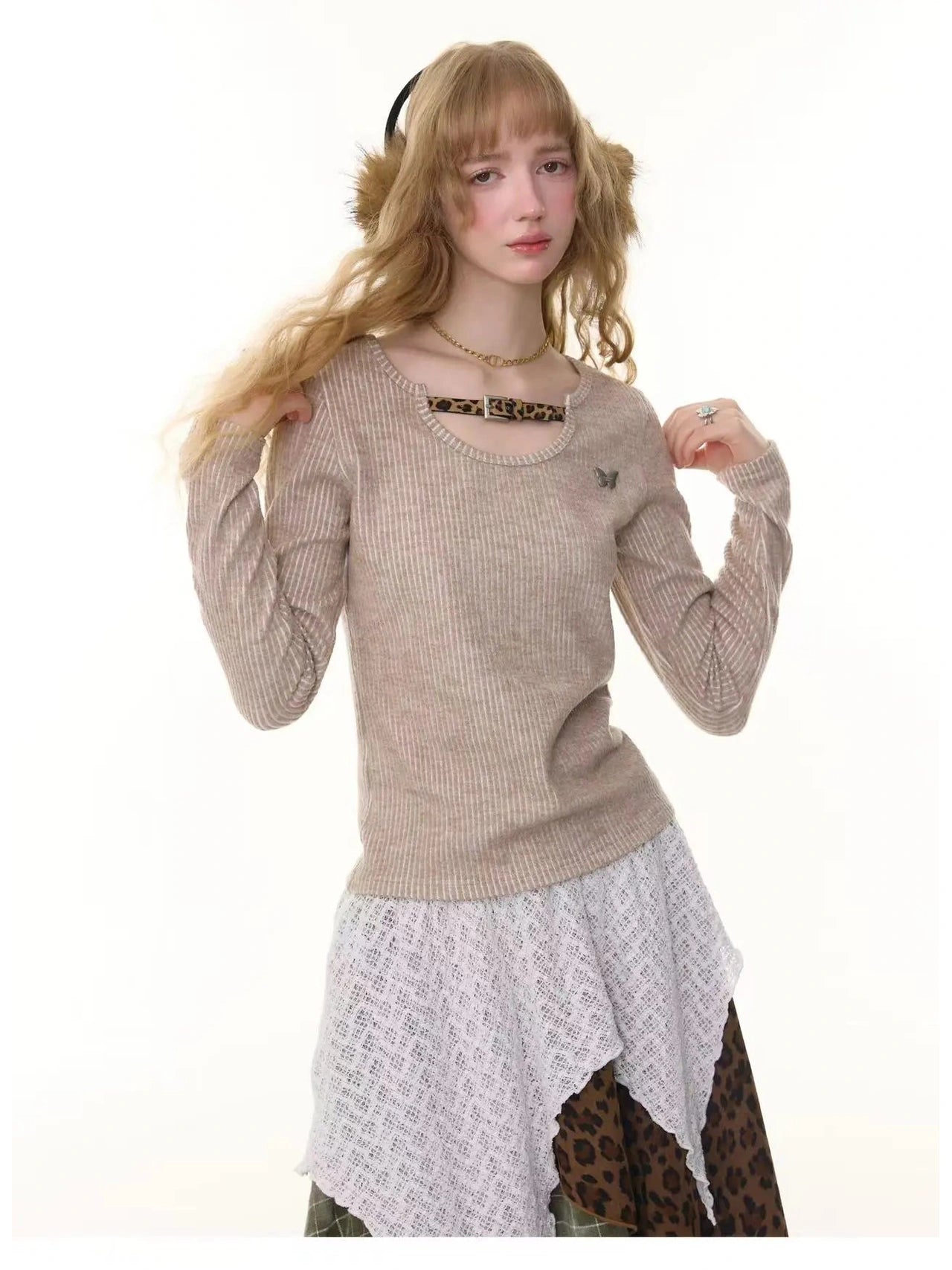 Leopard Accent Ribbed Top  f0337