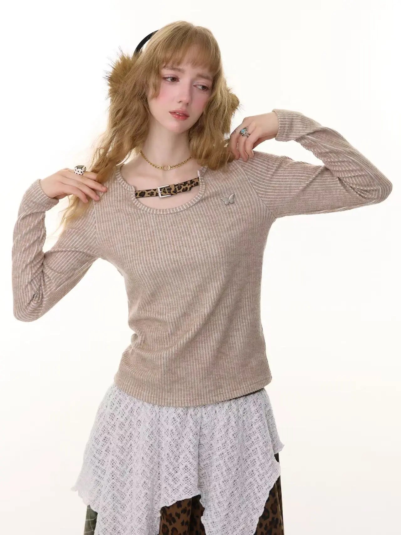 Leopard Accent Ribbed Top  f0337