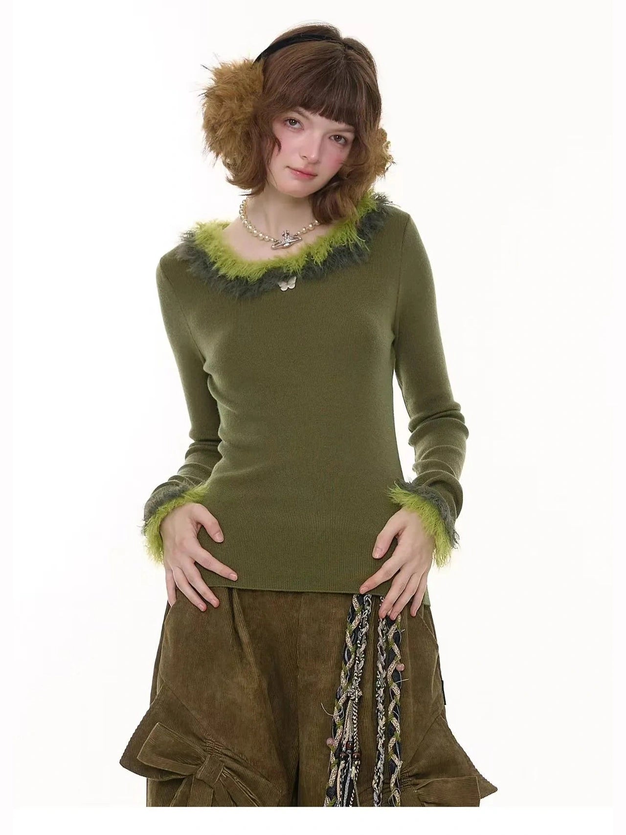 Faux Fur Trim Slim Rib Top  f0336