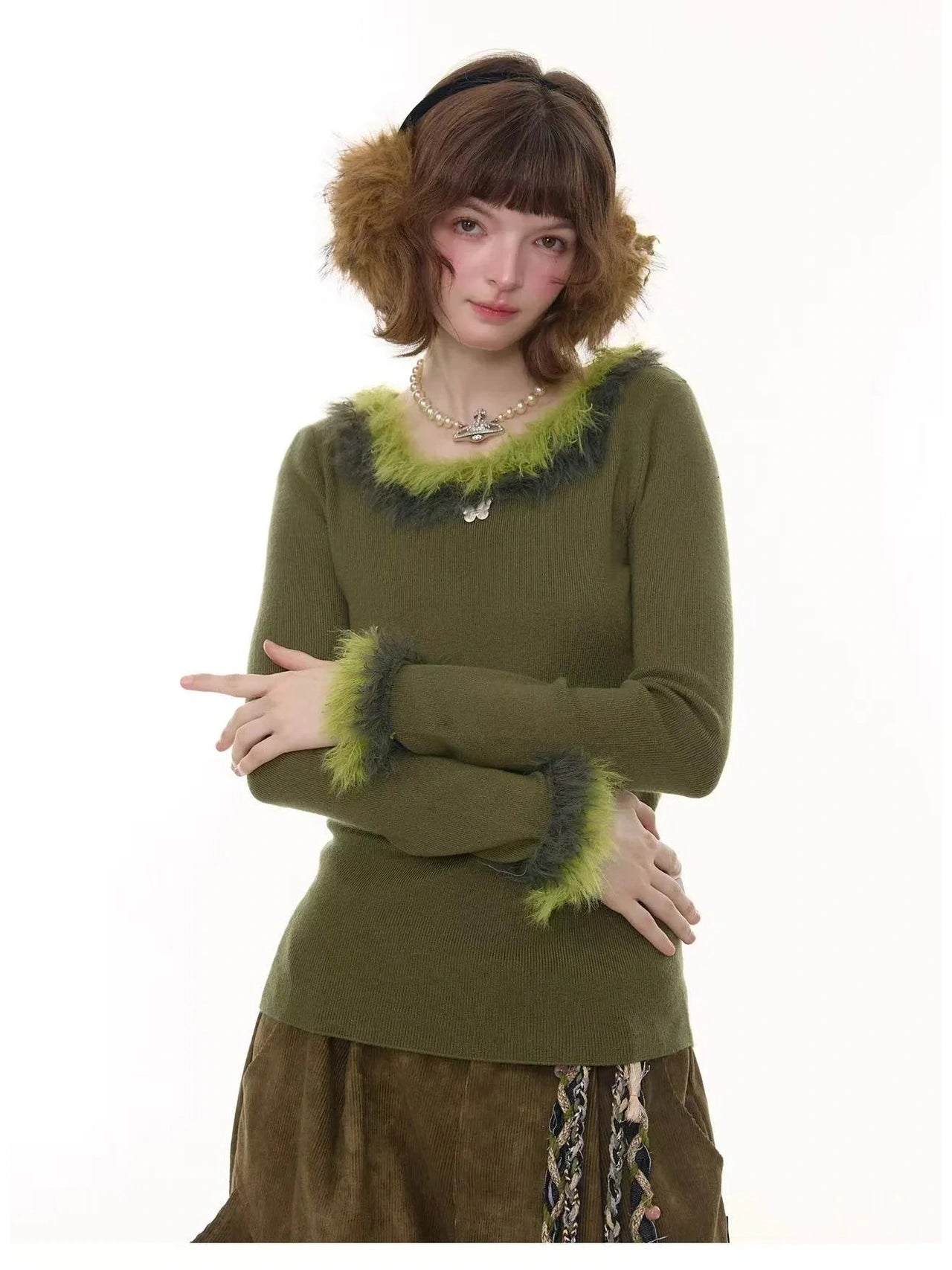 Faux Fur Trim Slim Rib Top  f0336