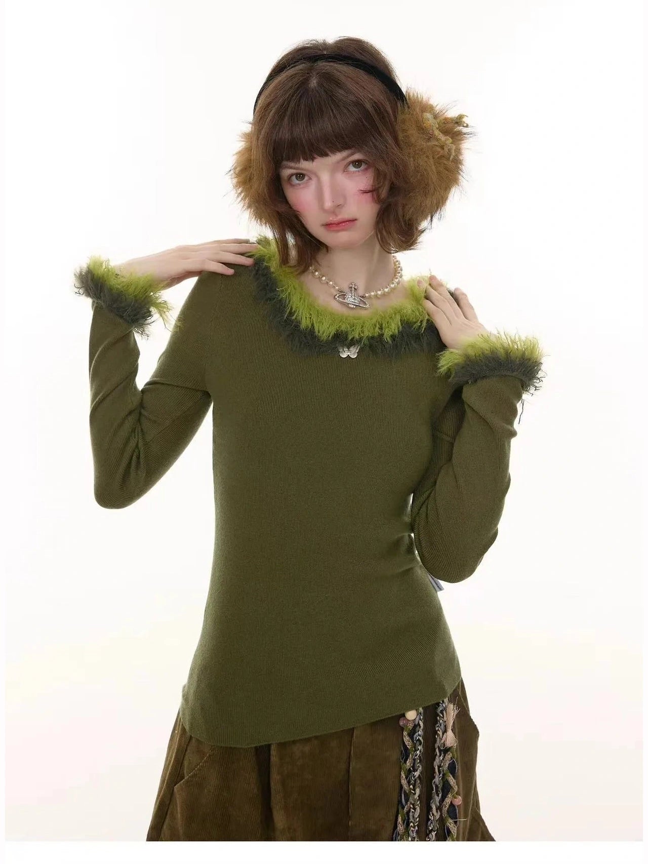 Faux Fur Trim Slim Rib Top  f0336