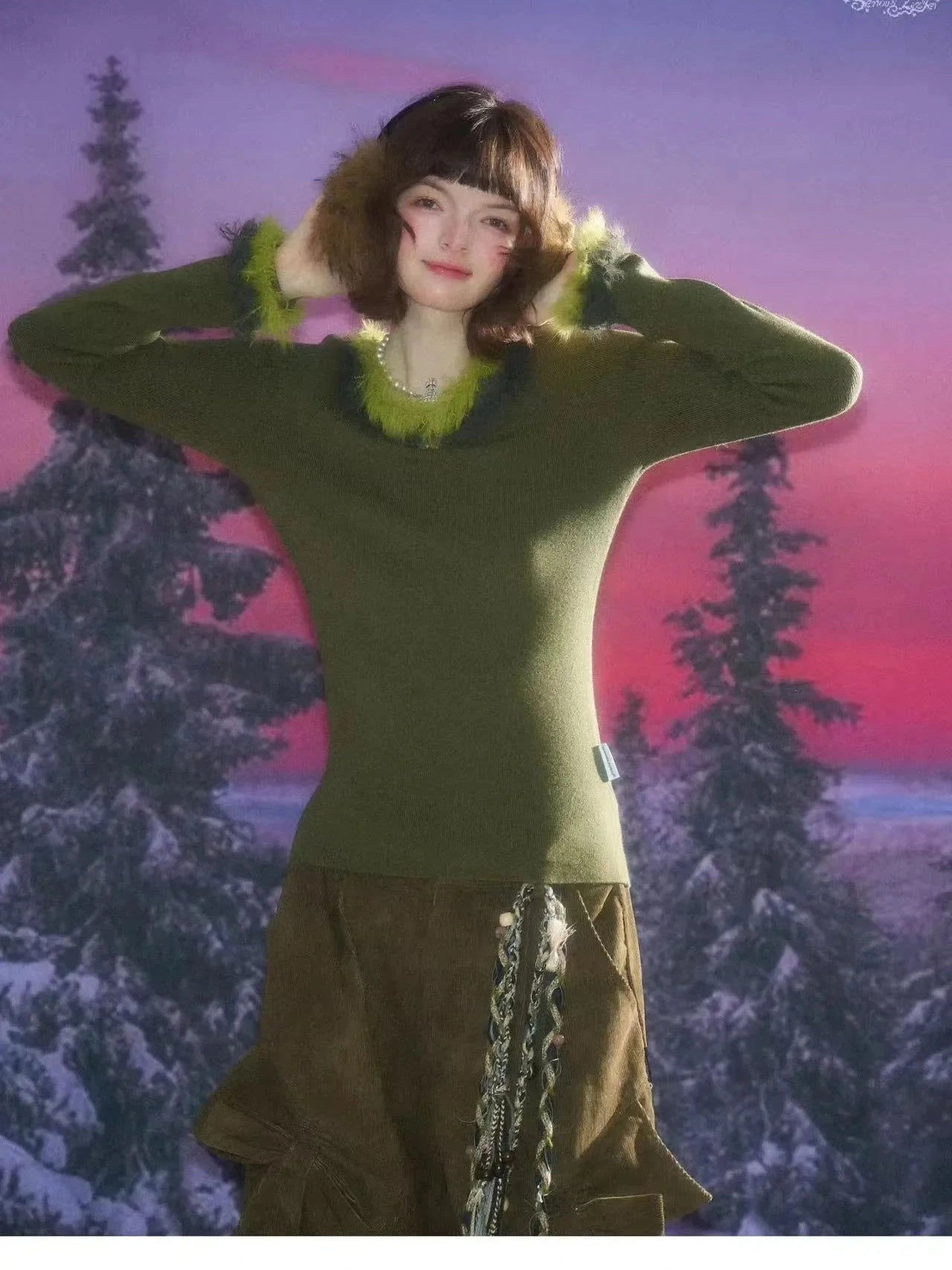 Faux Fur Trim Slim Rib Top  f0336