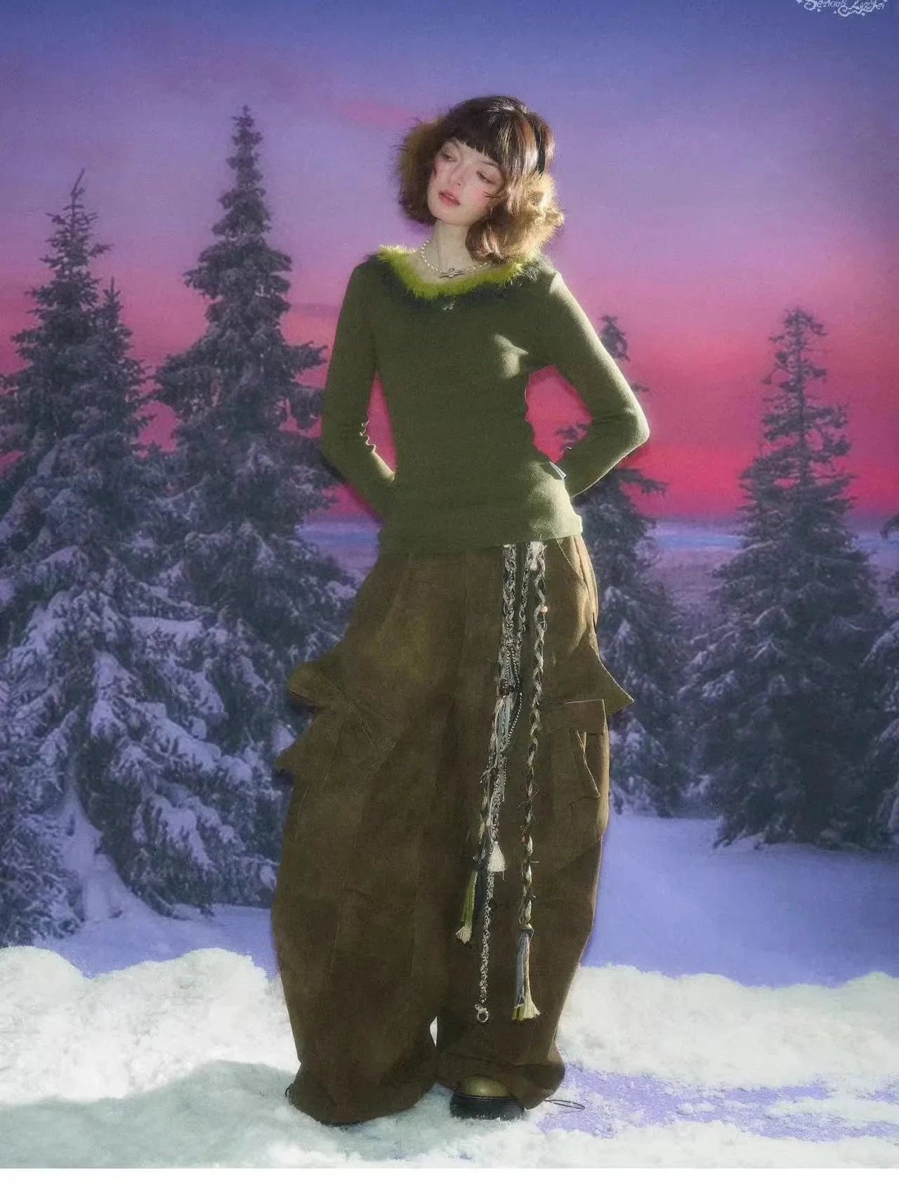 Faux Fur Trim Slim Rib Top  f0336