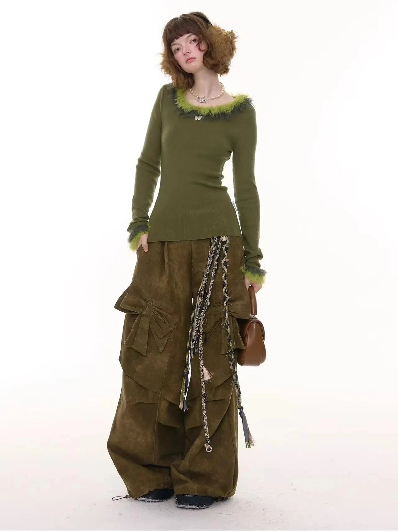 Faux Fur Trim Slim Rib Top  f0336