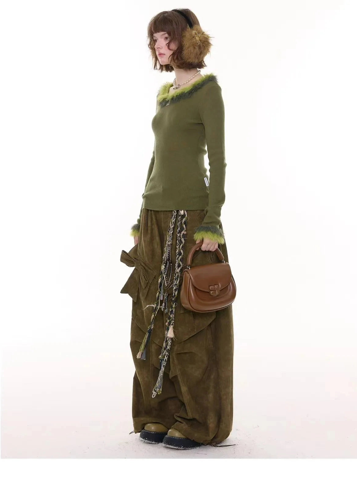 Faux Fur Trim Slim Rib Top  f0336