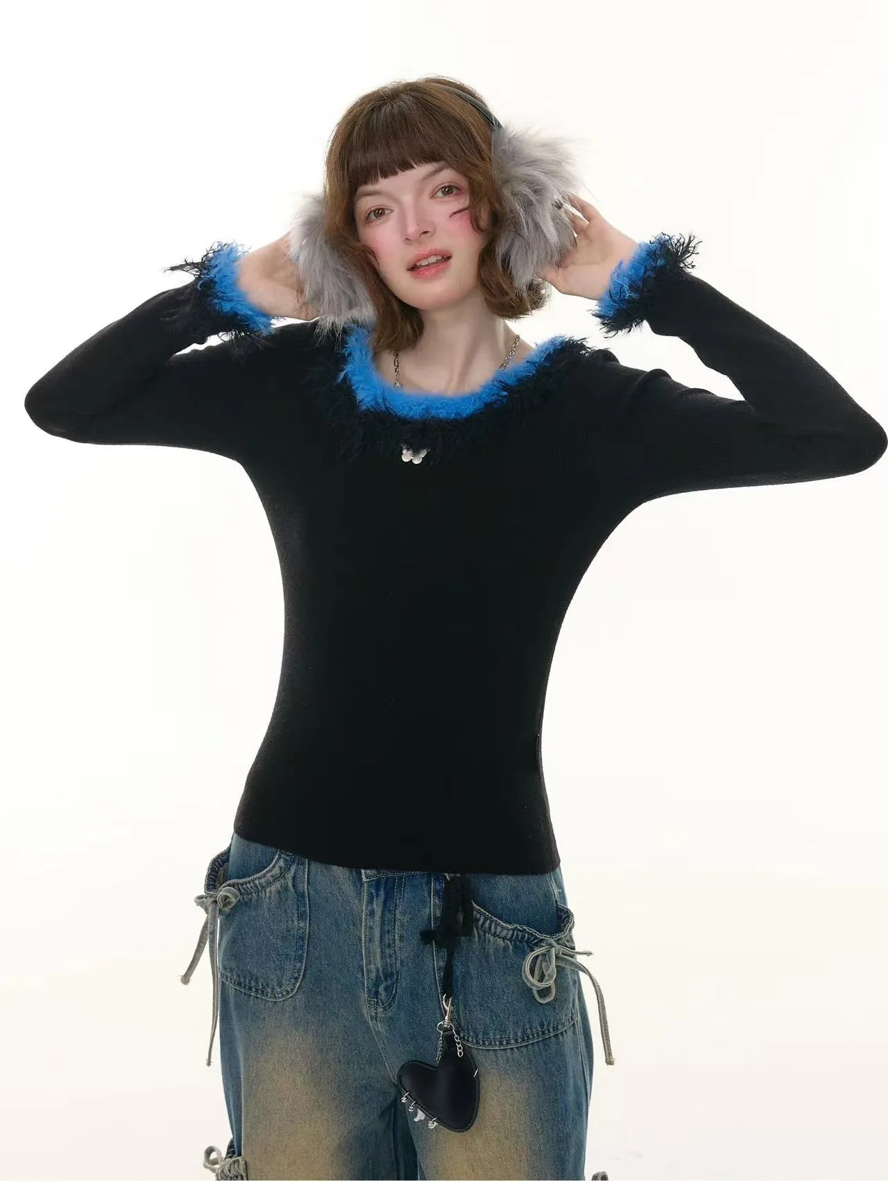 Faux Fur Trim Slim Rib Top  f0336