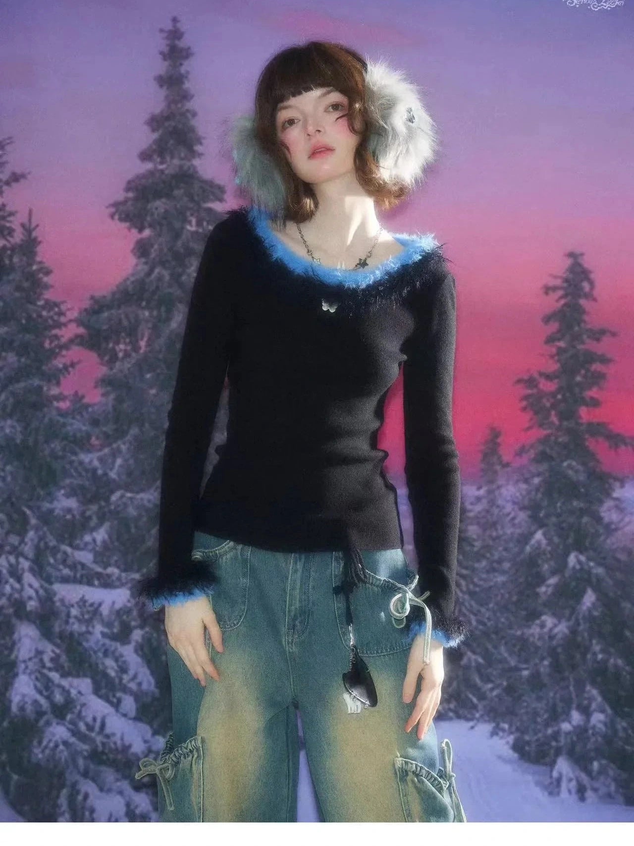 Faux Fur Trim Slim Rib Top  f0336