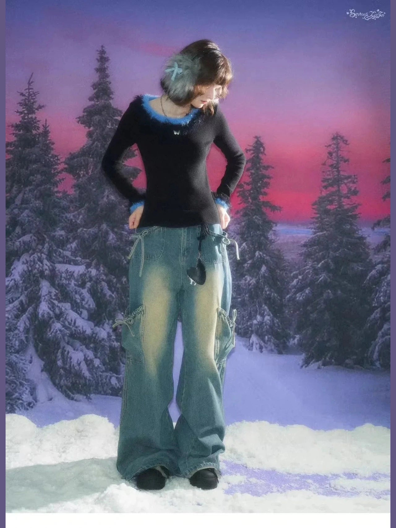 Faux Fur Trim Slim Rib Top  f0336