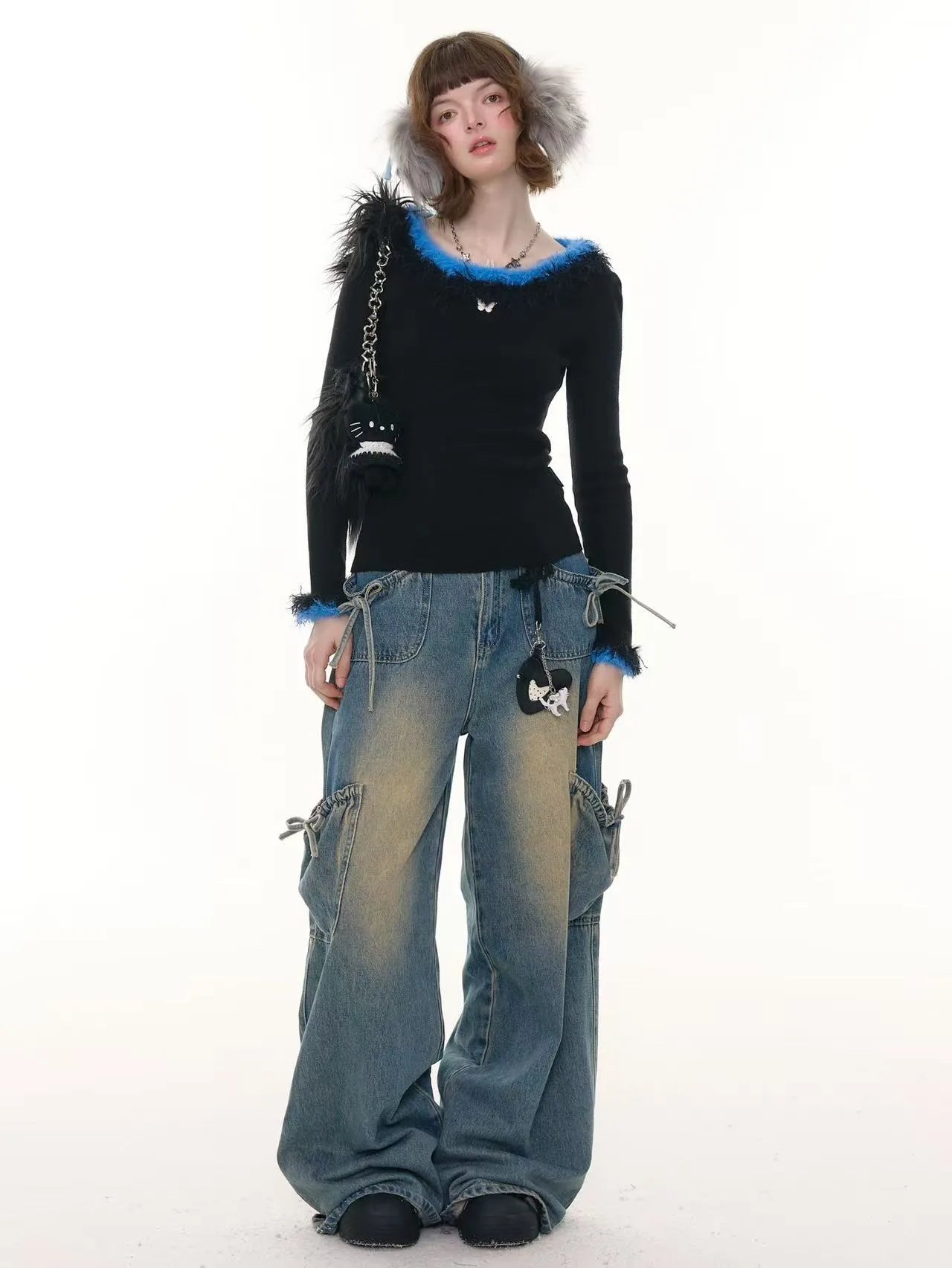 Faux Fur Trim Slim Rib Top  f0336