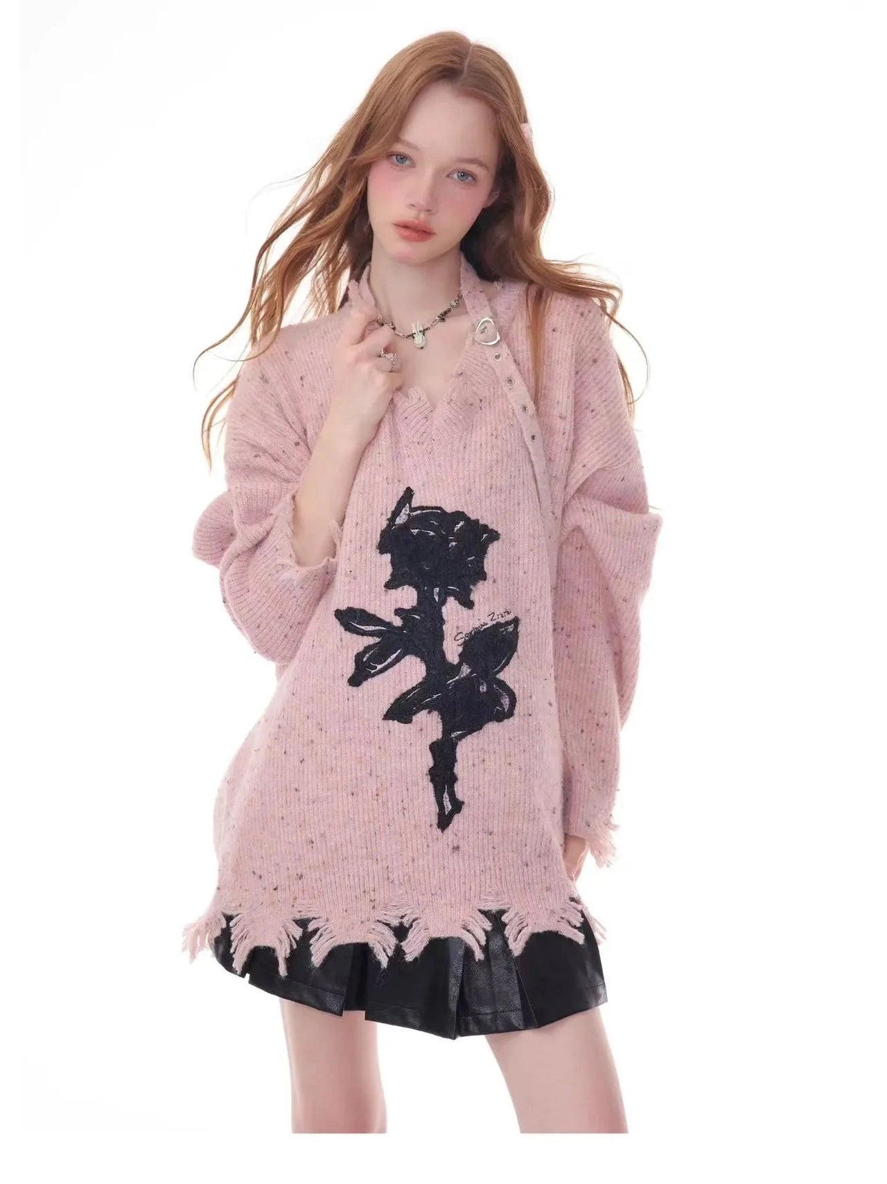 Rose Embroidered V-Neck Knit f0333