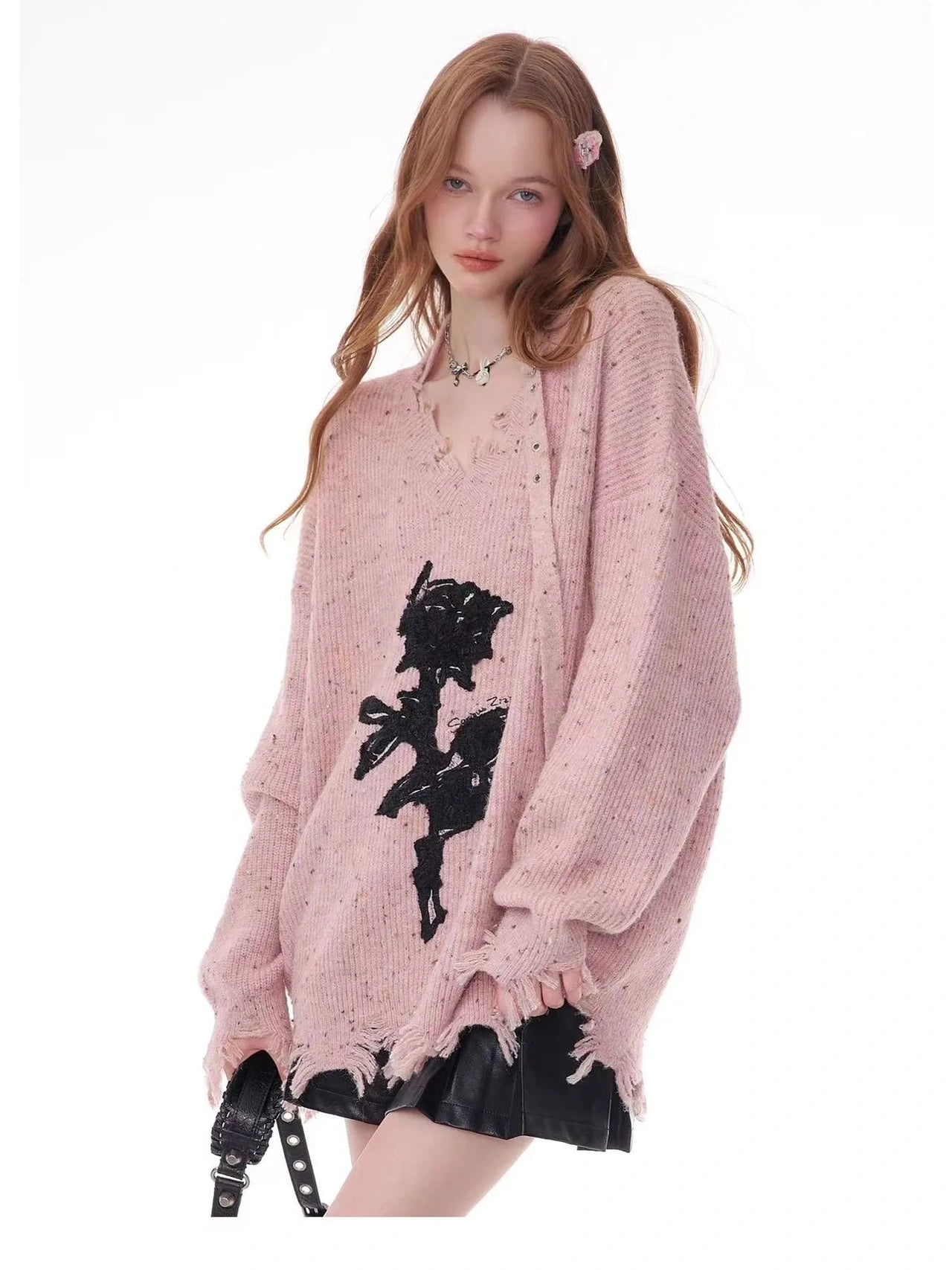 Rose Embroidered V-Neck Knit f0333
