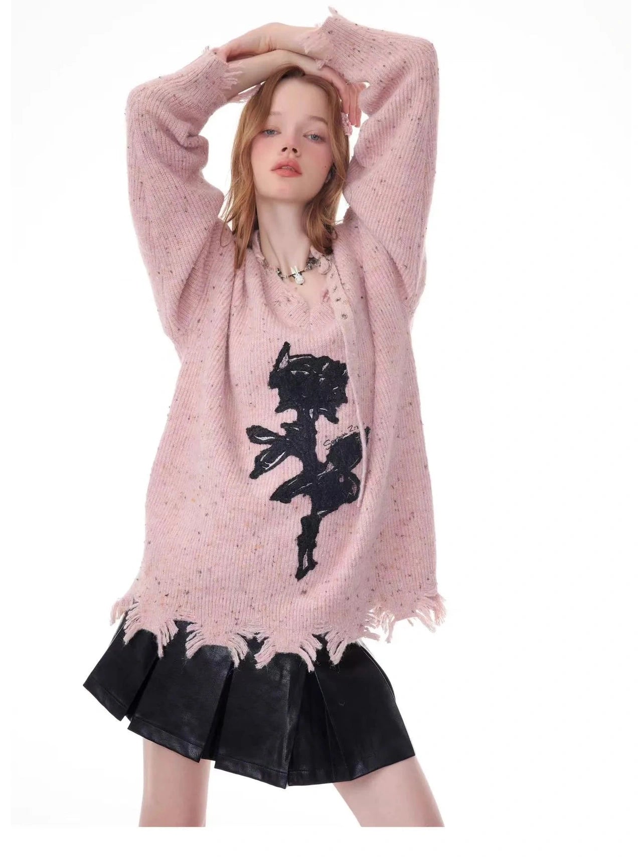 Rose Embroidered V-Neck Knit f0333