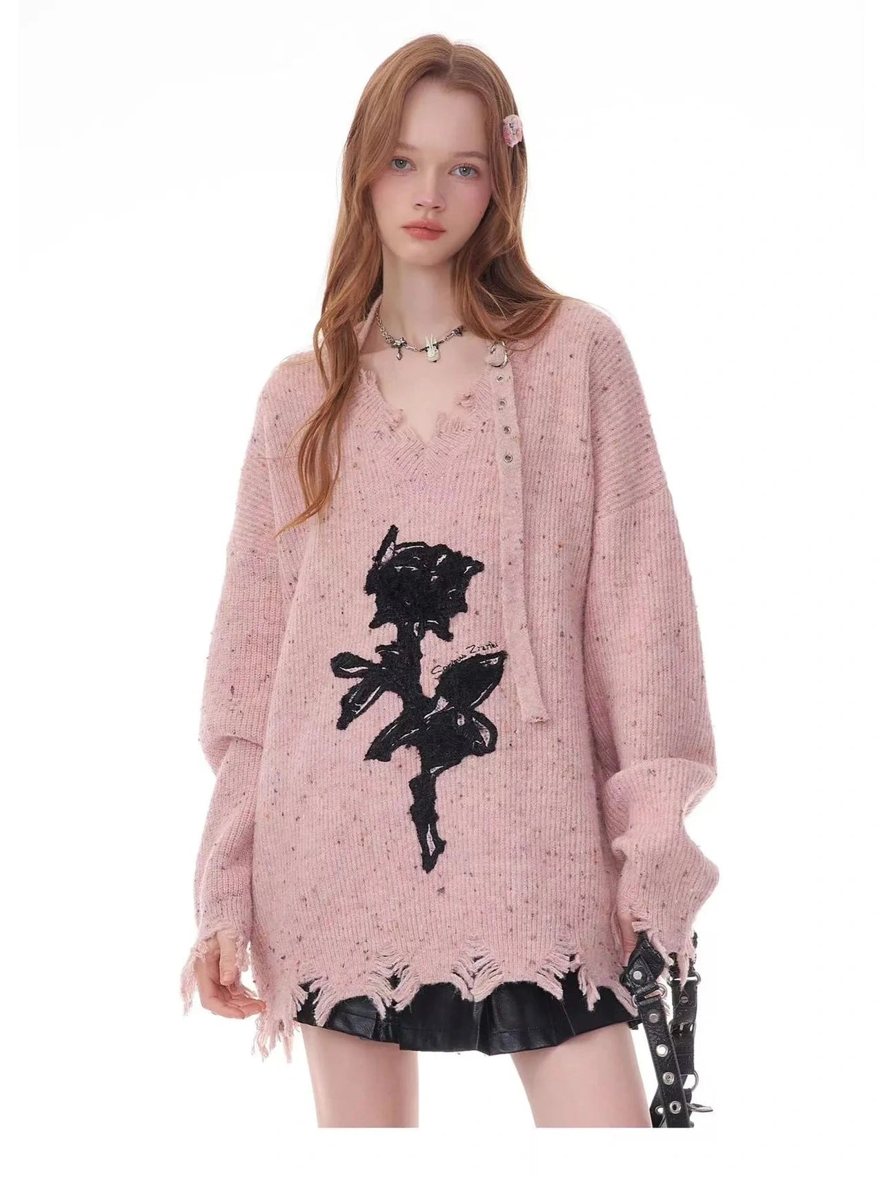 Rose Embroidered V-Neck Knit f0333
