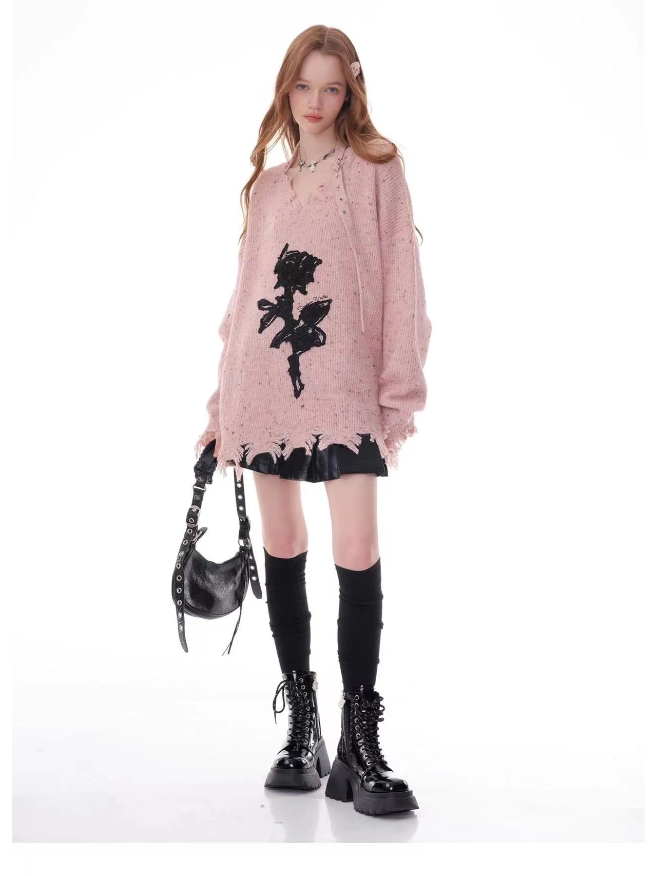 Rose Embroidered V-Neck Knit f0333
