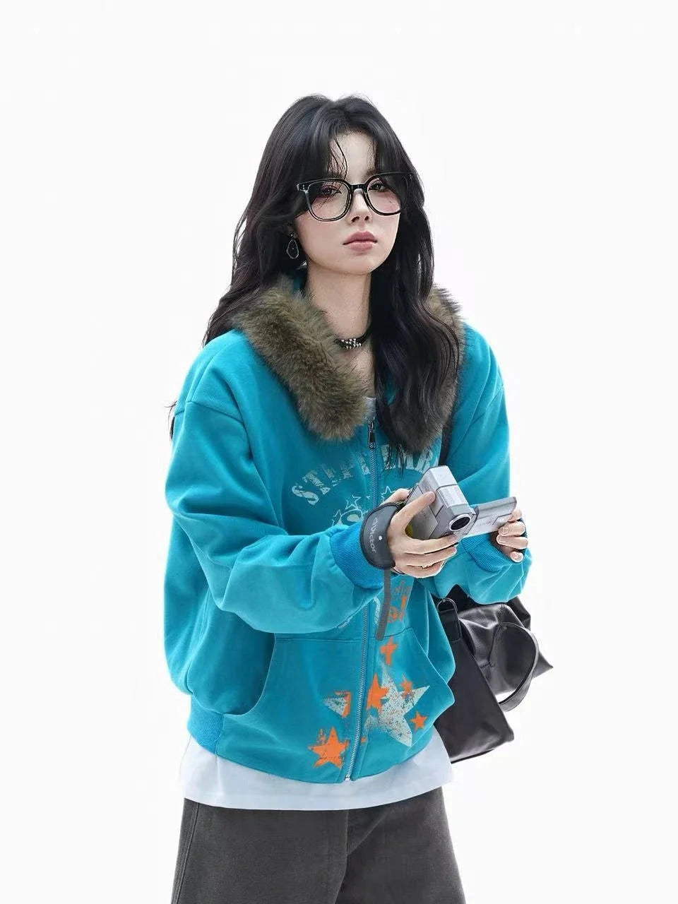 Relaxed Faux Fur Collar Hoodie  f0388