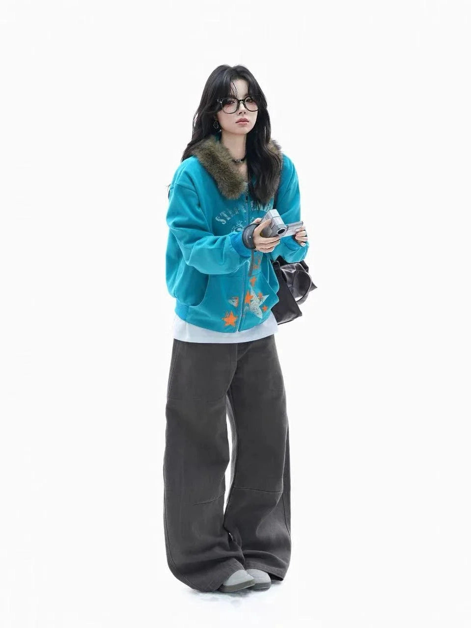 Relaxed Faux Fur Collar Hoodie  f0388