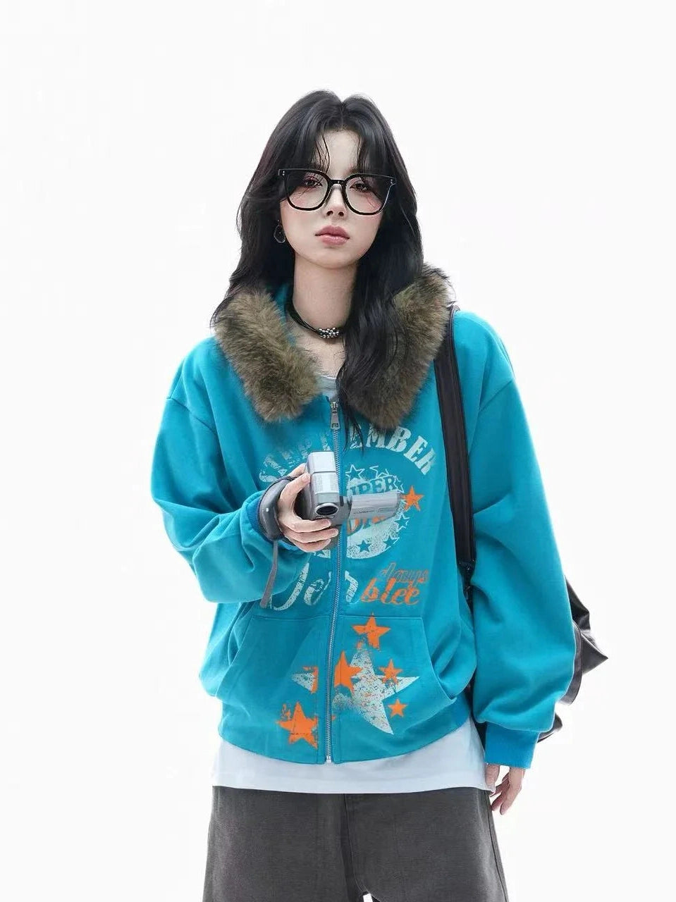 Relaxed Faux Fur Collar Hoodie  f0388