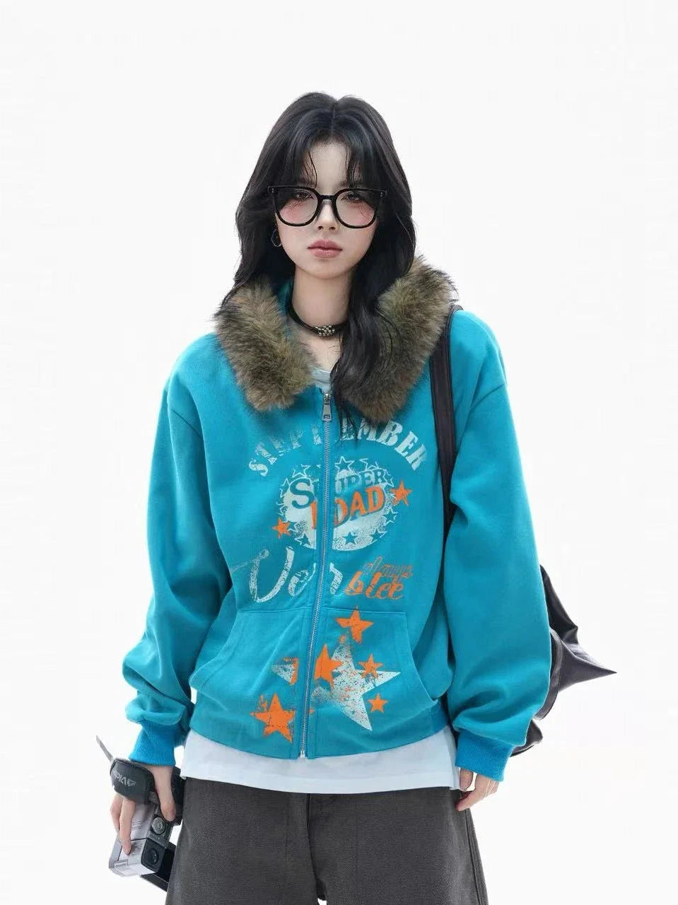 Relaxed Faux Fur Collar Hoodie  f0388