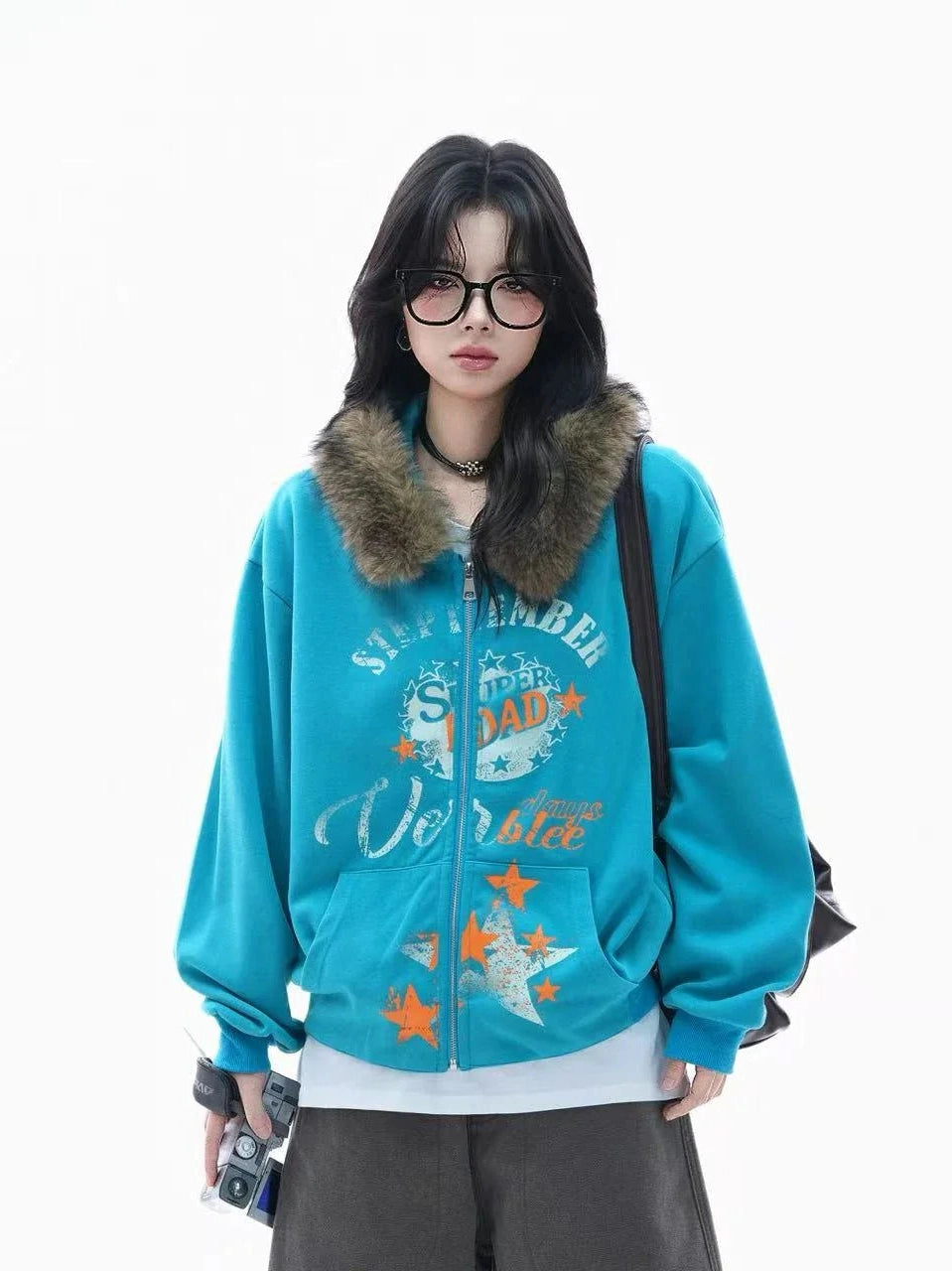 Relaxed Faux Fur Collar Hoodie  f0388
