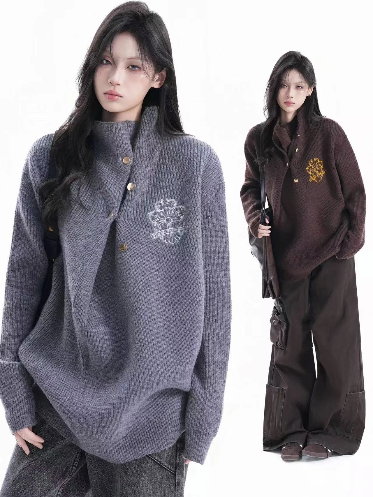 Embroidered Ruched Turtleneck Knit Top   f0387