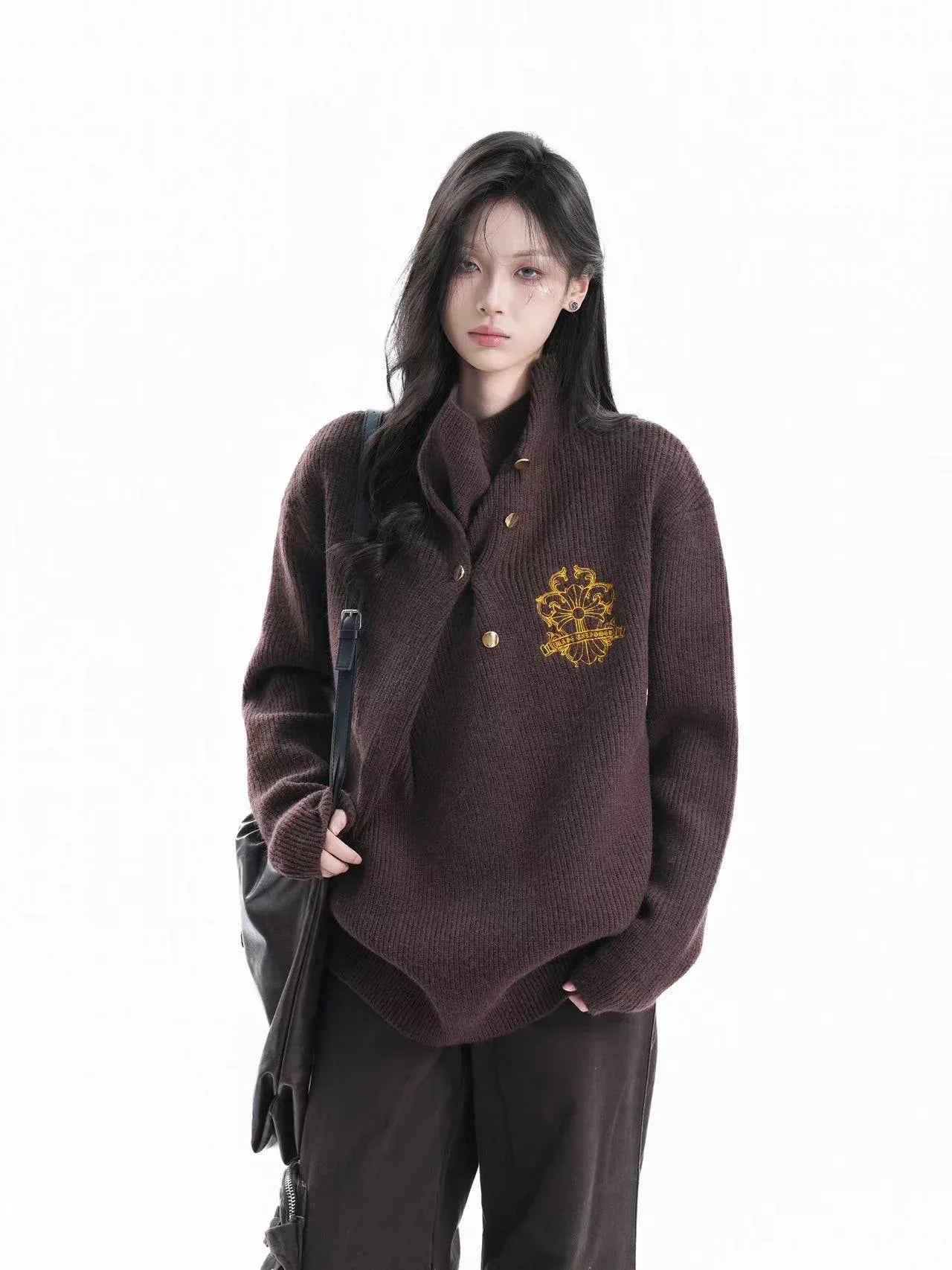 Embroidered Ruched Turtleneck Knit Top   f0387