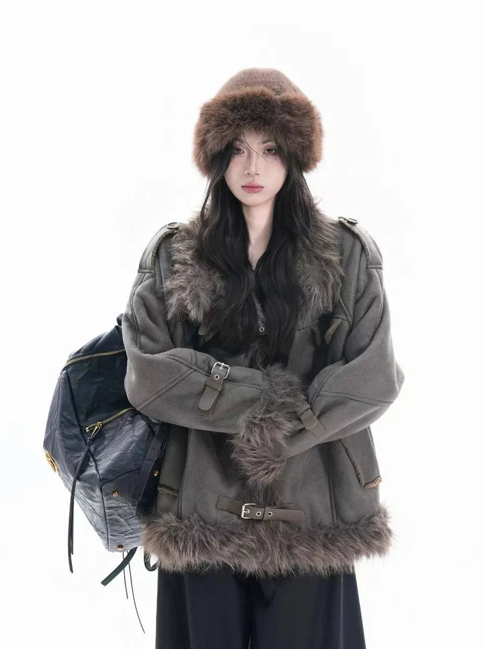 Fuzzy Collar Heritage Suede Padded Coat  f0383
