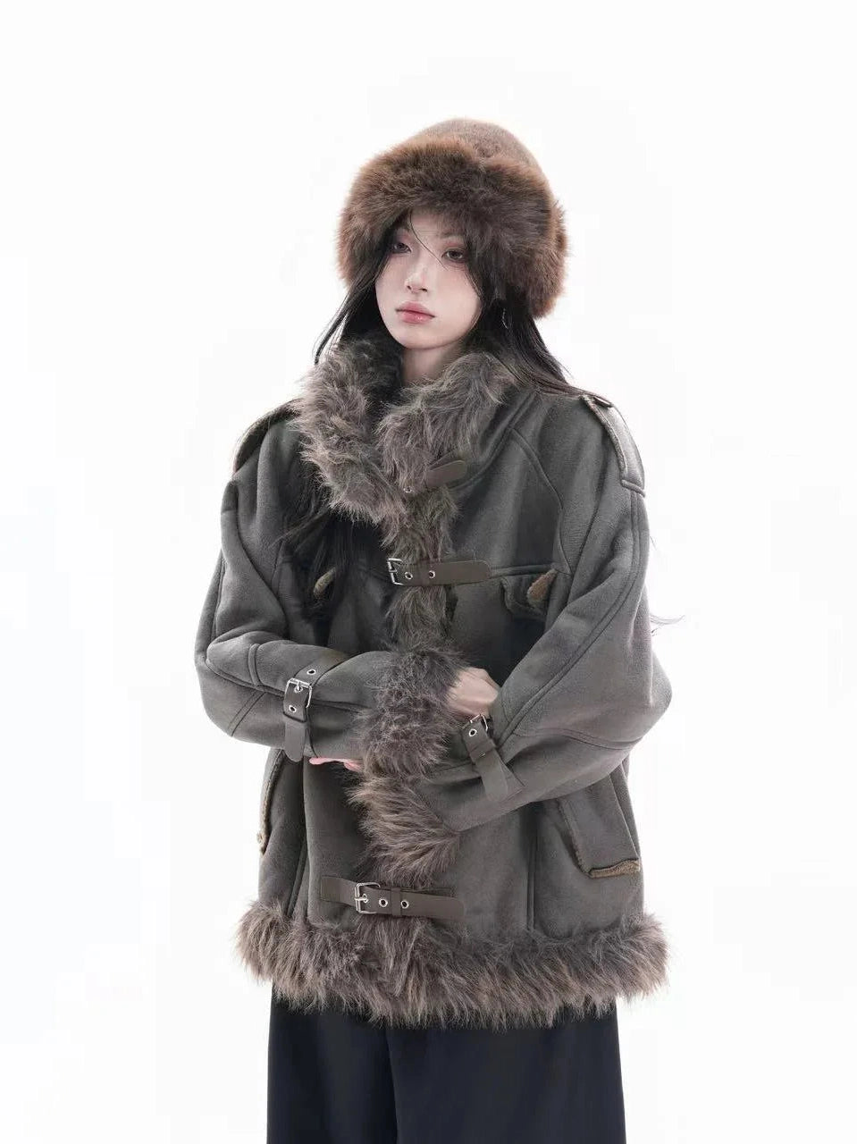 Fuzzy Collar Heritage Suede Padded Coat  f0383