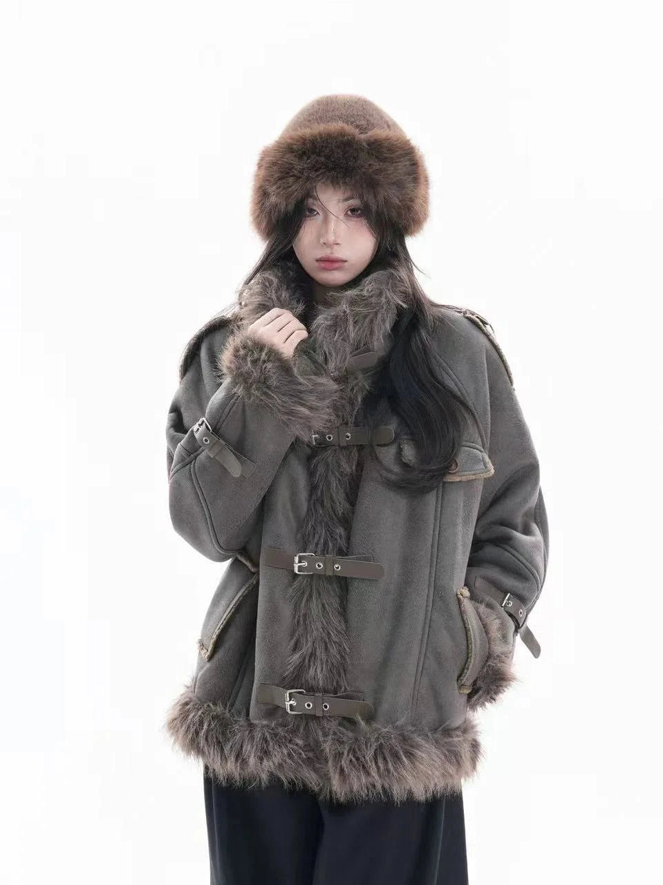 Fuzzy Collar Heritage Suede Padded Coat  f0383