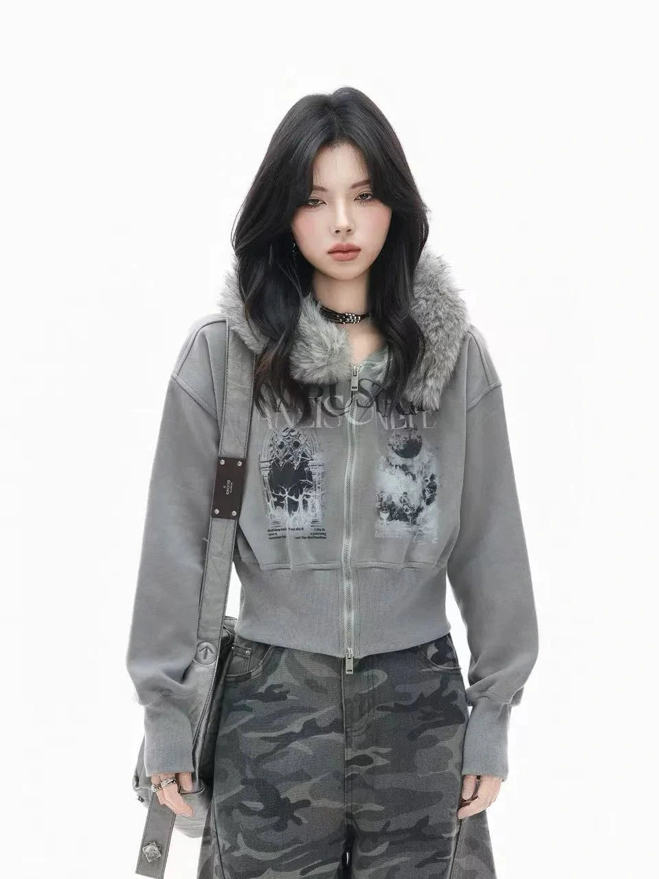 Faux Fur Hooded Zip-Up Jacket   f0382