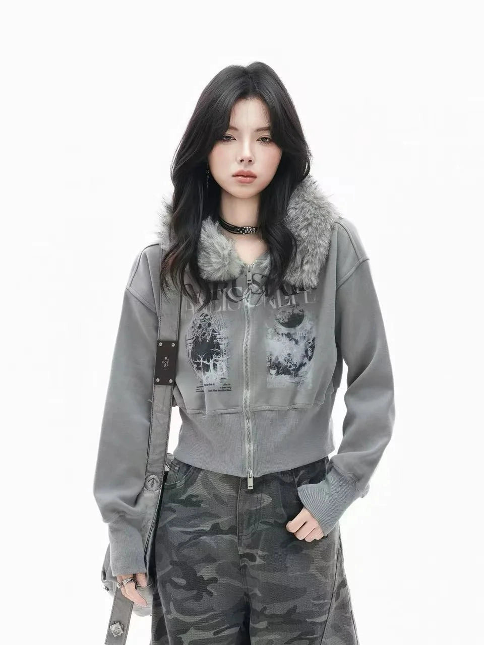 Faux Fur Hooded Zip-Up Jacket   f0382