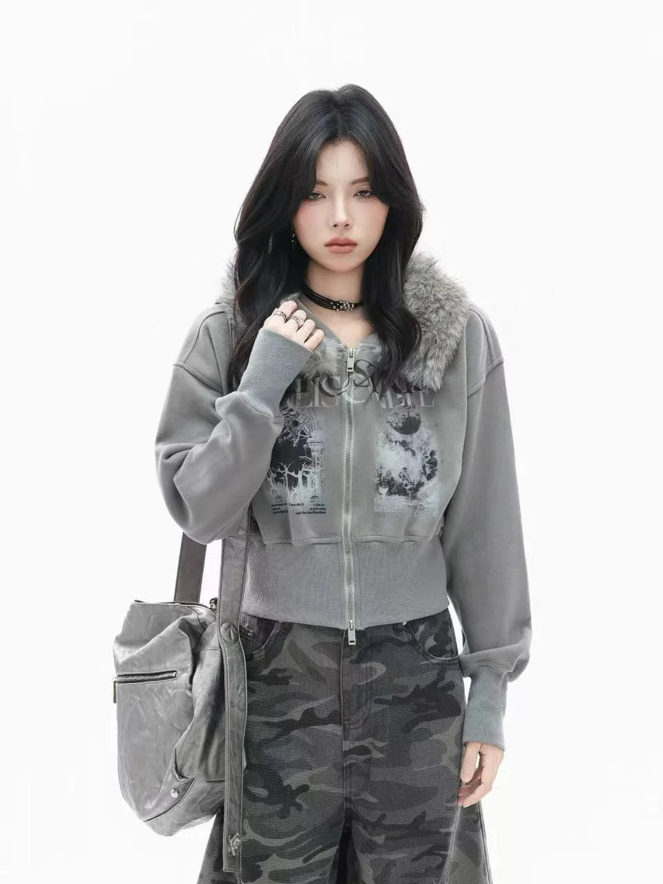 Faux Fur Hooded Zip-Up Jacket   f0382