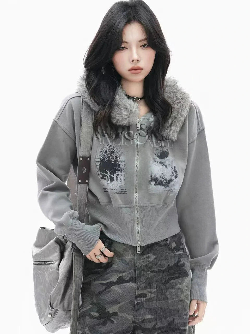 Faux Fur Hooded Zip-Up Jacket   f0382