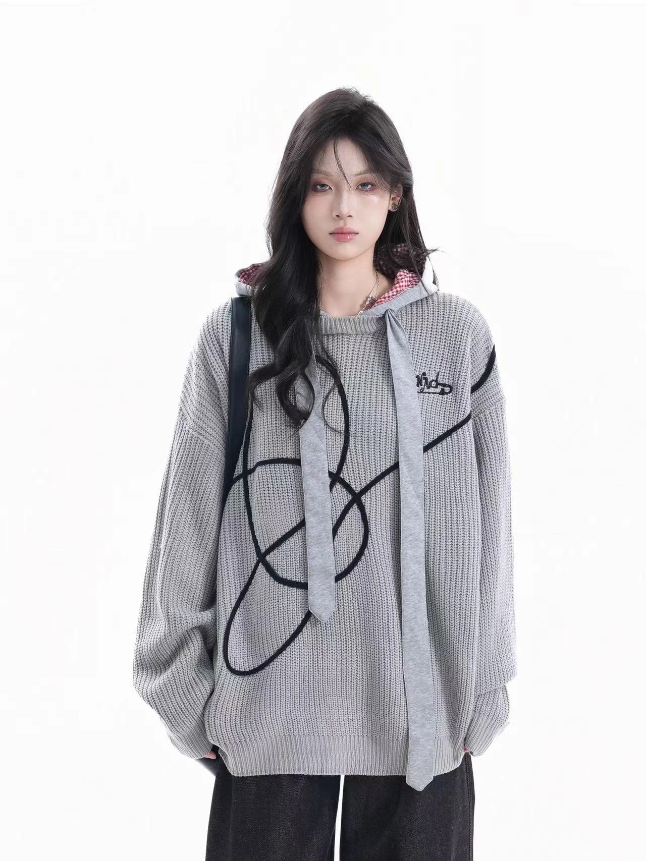 Vintage Contrast Stitch Hooded Knit   f0380