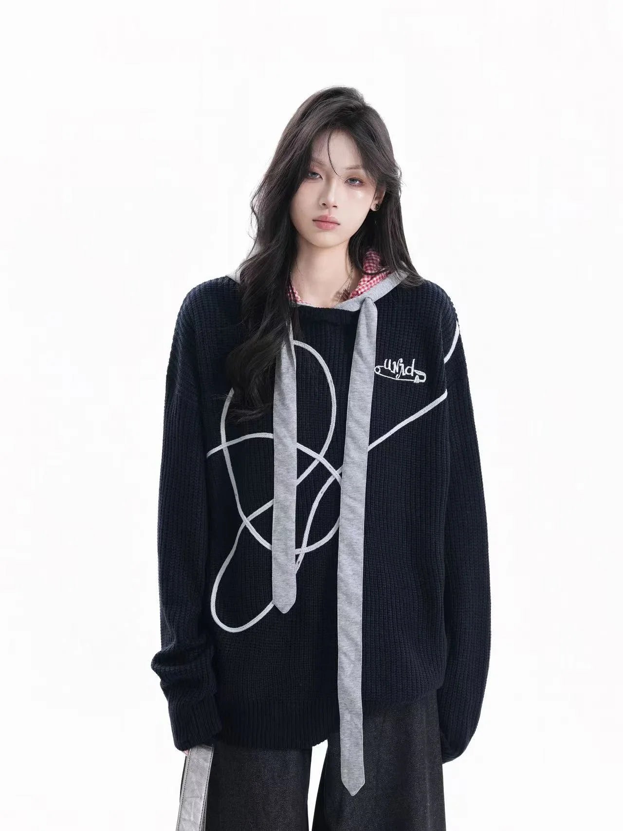 Vintage Contrast Stitch Hooded Knit   f0380