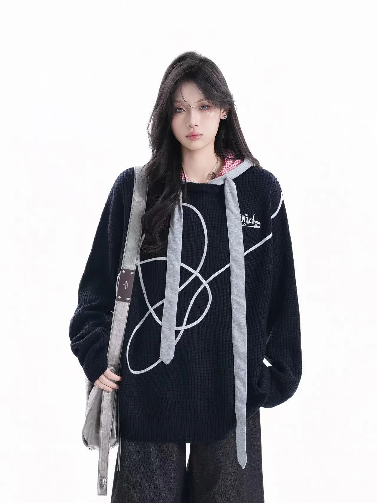 Vintage Contrast Stitch Hooded Knit   f0380