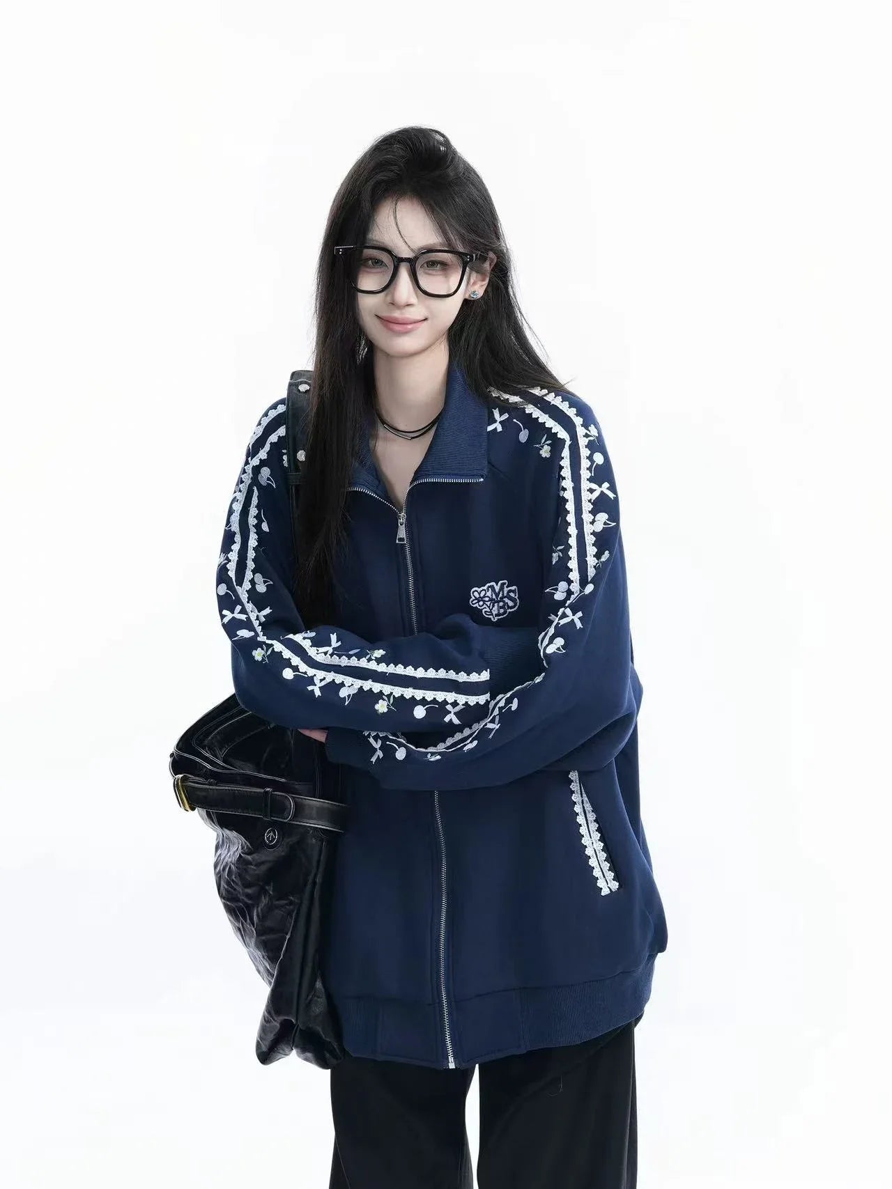 Cherry Bow Embroidered Zip Hoodie  f0375