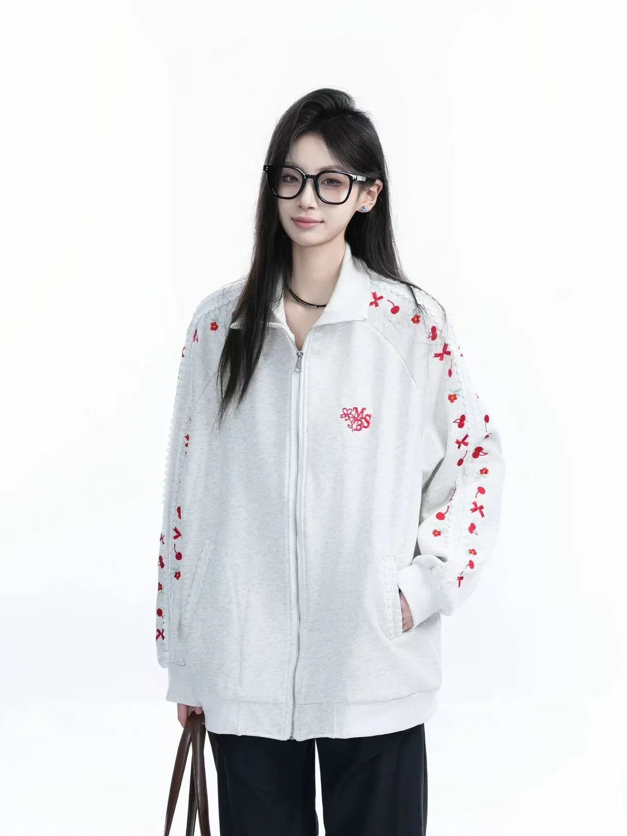 Cherry Bow Embroidered Zip Hoodie  f0375