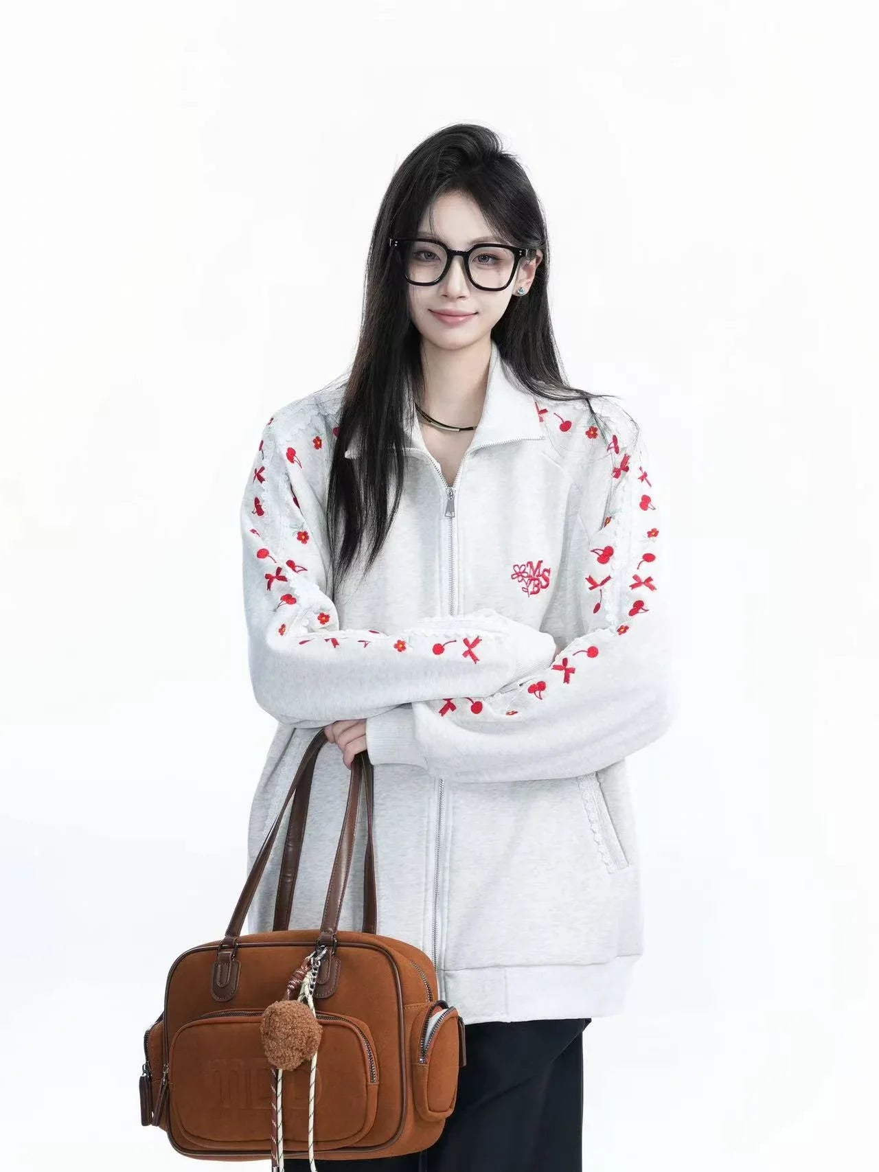 Cherry Bow Embroidered Zip Hoodie  f0375