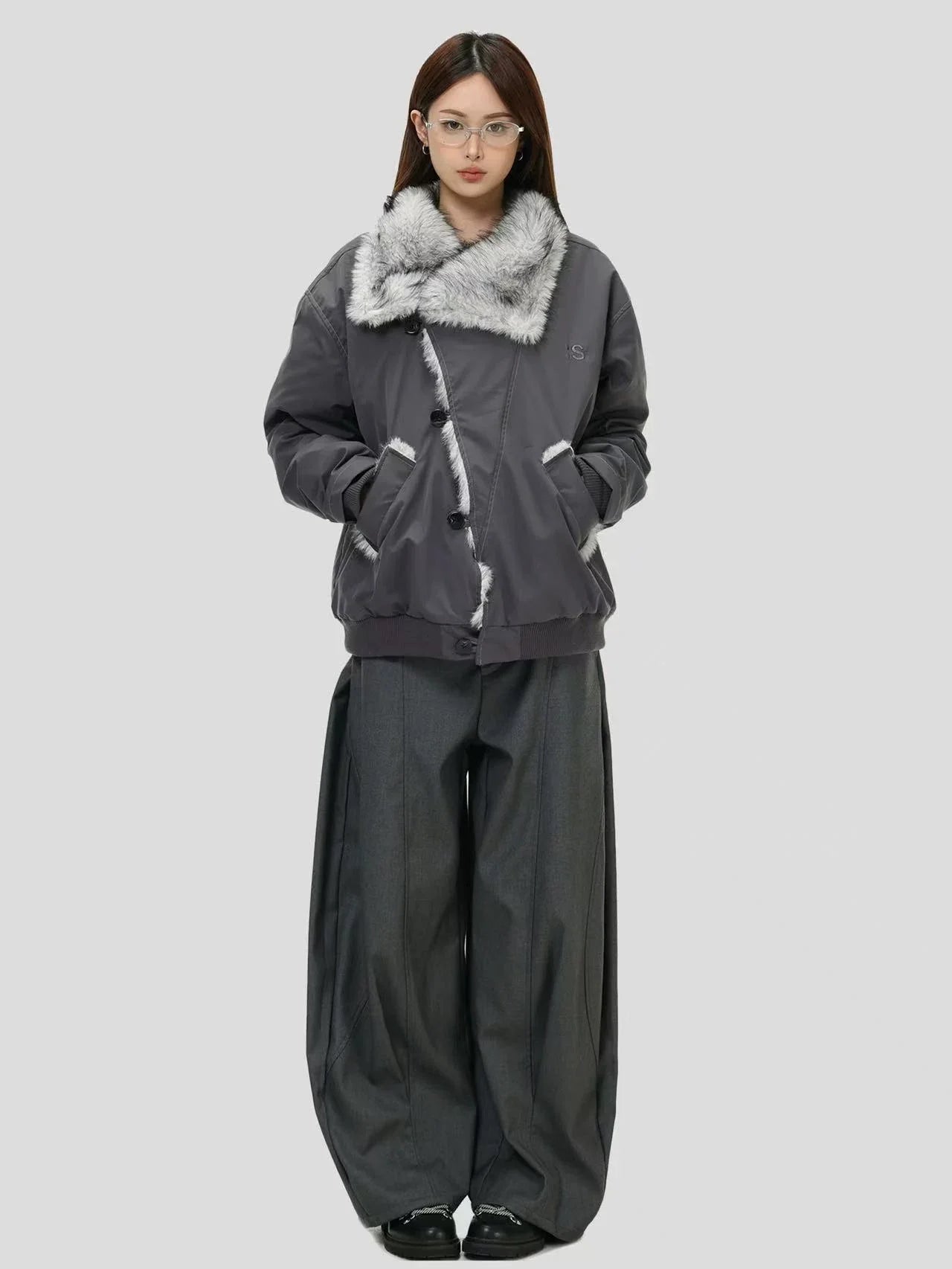 Oversized Shearling Lapel Padded Coat  f0374