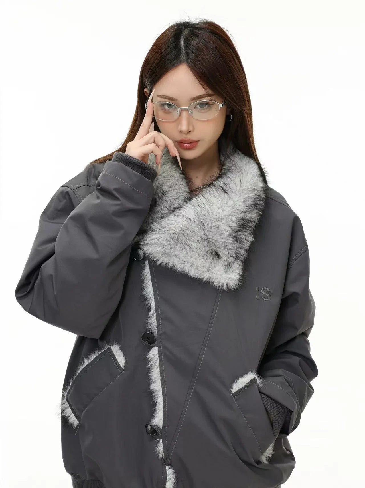 Oversized Shearling Lapel Padded Coat  f0374