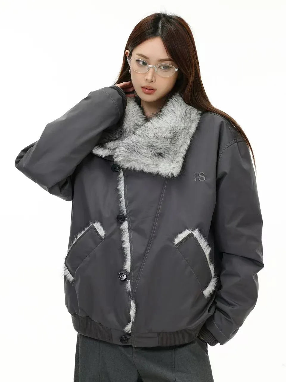 Oversized Shearling Lapel Padded Coat  f0374