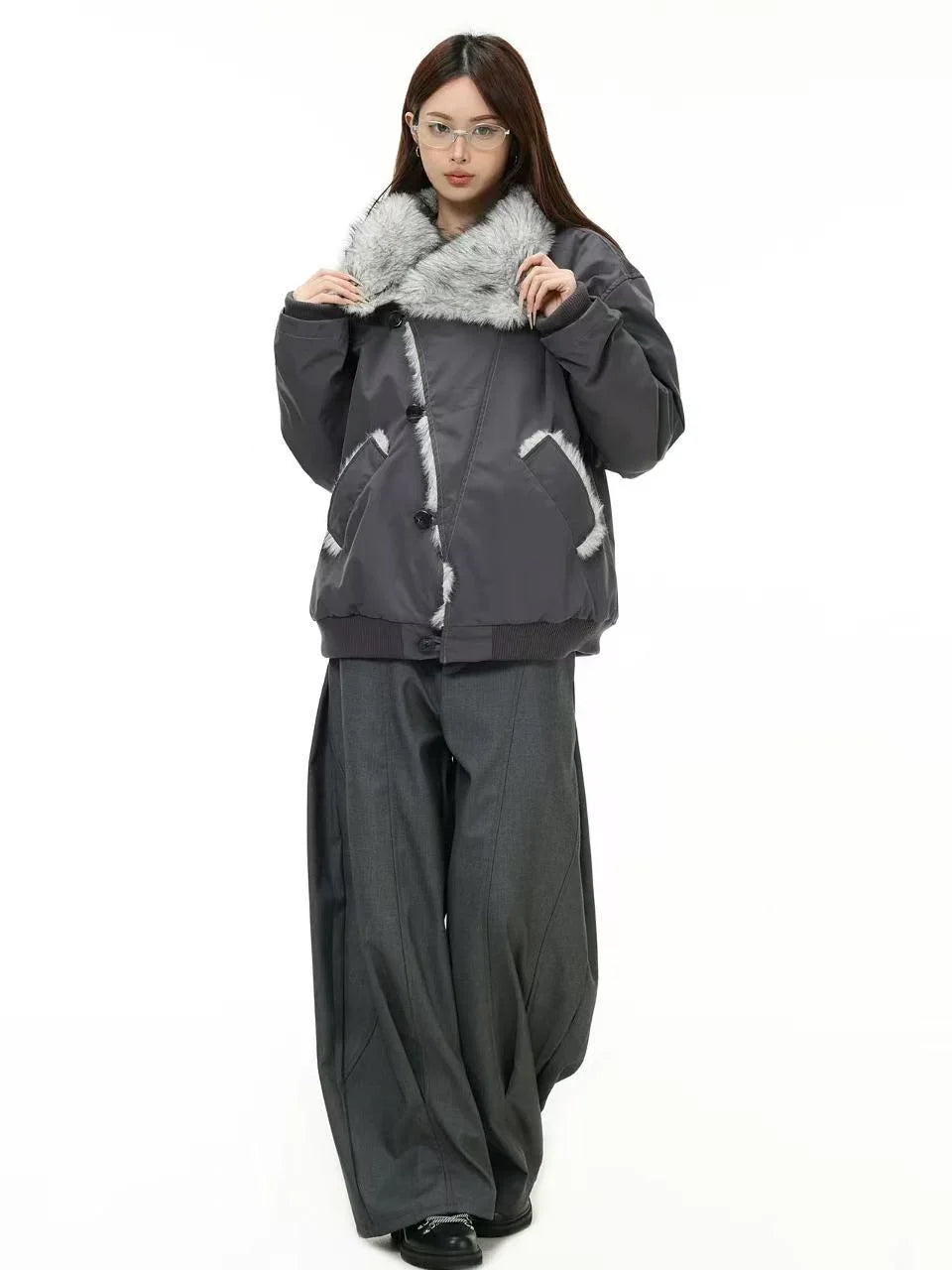 Oversized Shearling Lapel Padded Coat  f0374