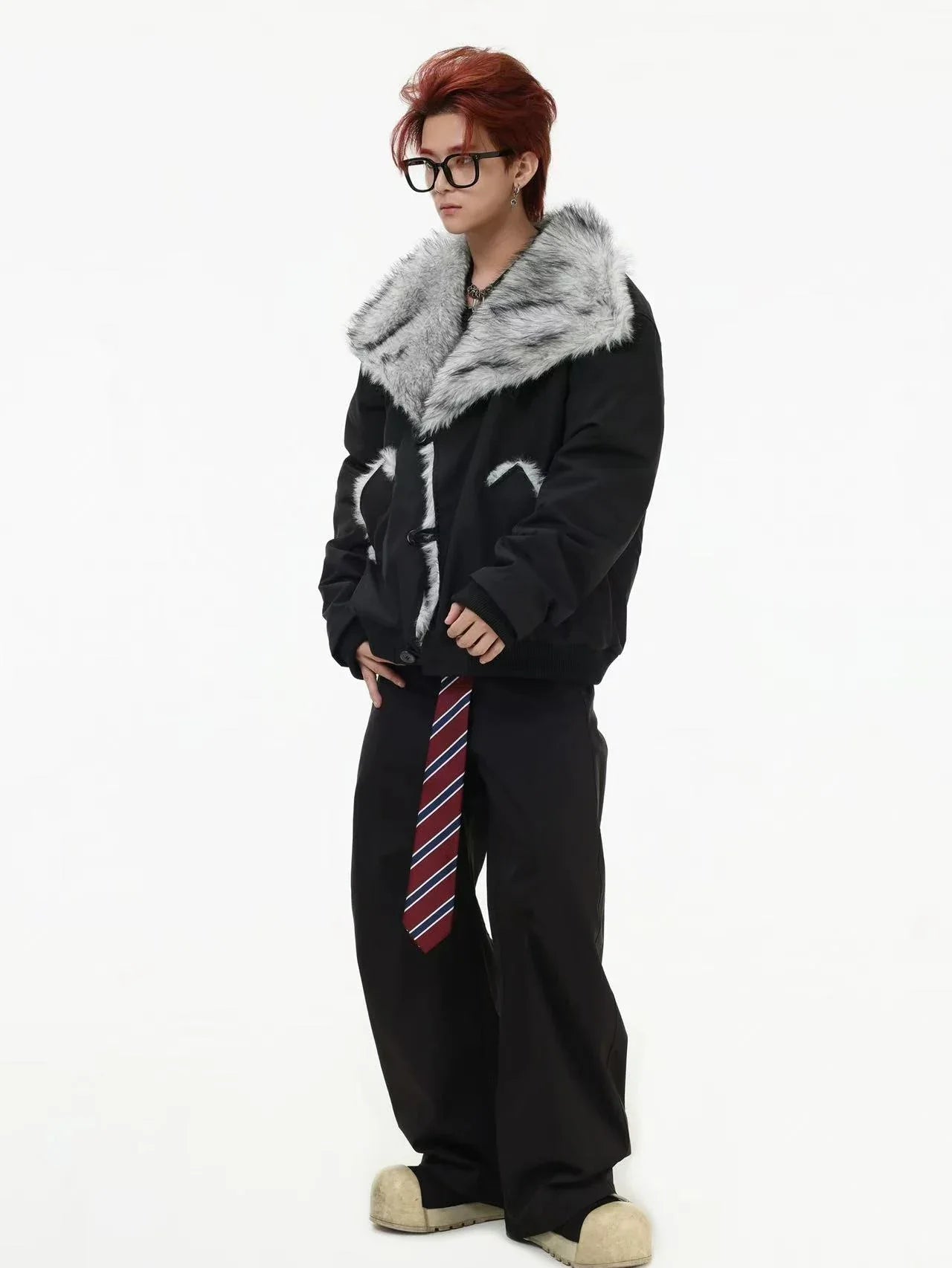 Oversized Shearling Lapel Padded Coat  f0374