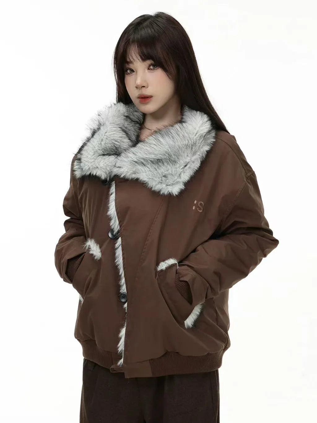 Oversized Shearling Lapel Padded Coat  f0374